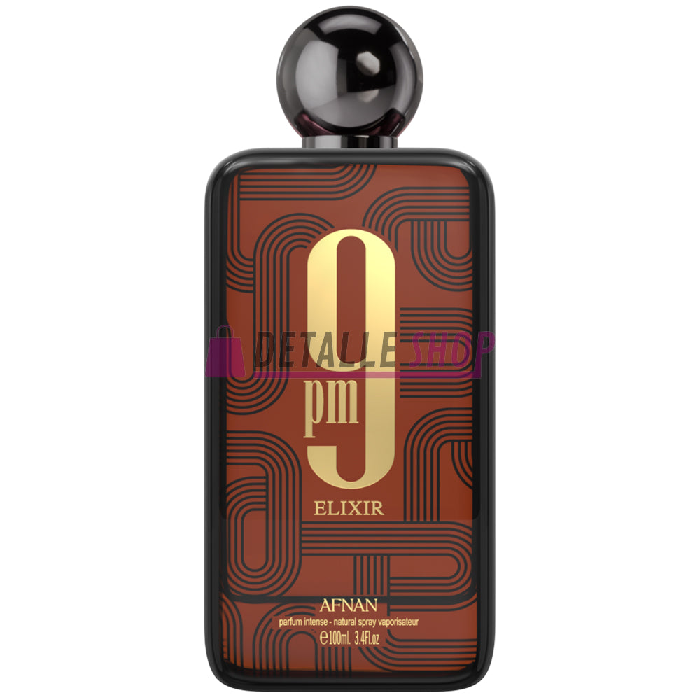 Perfume masculino 9 PM Elixir de Afnan, aroma árabe especiado con ámbar de Dubái. Descubre cómo huele en Barcelona, Málaga y Sevilla.