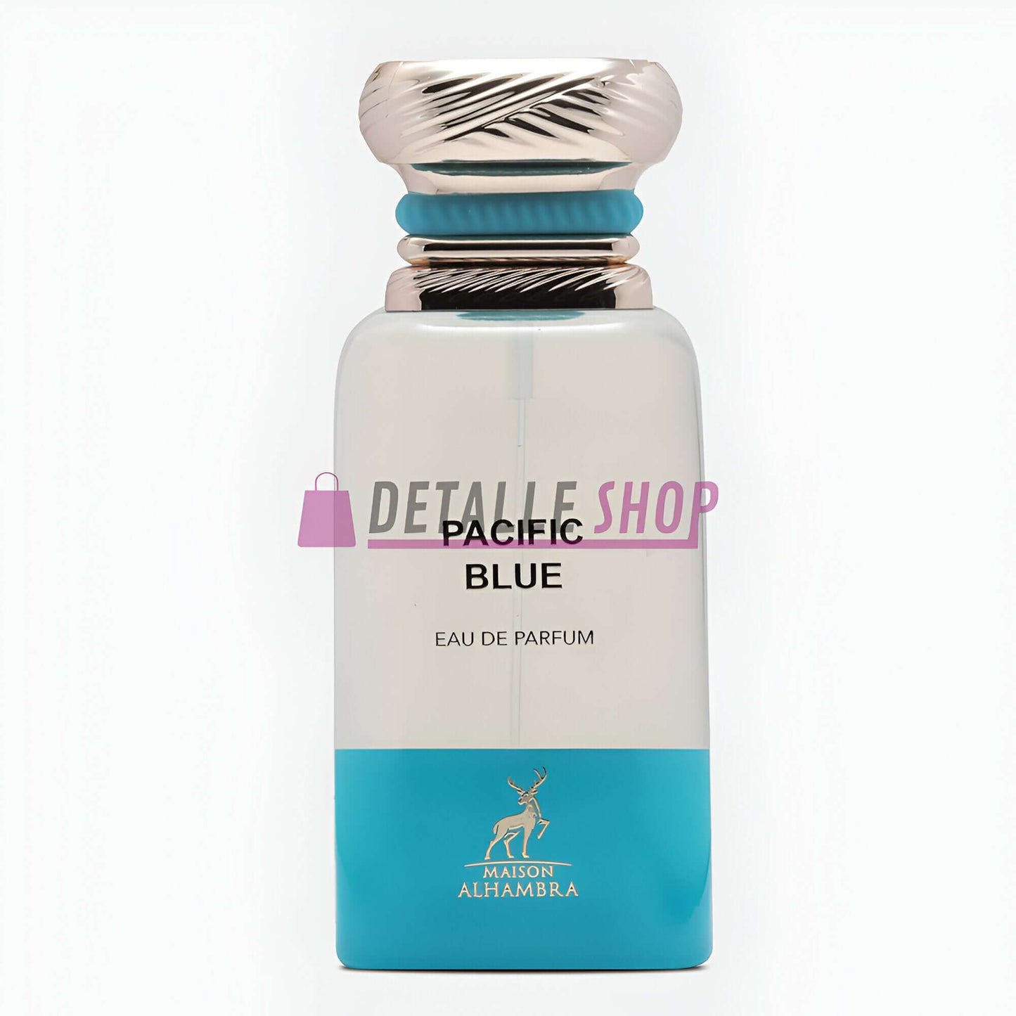 Pacific Blue de Maison Alhambra 80ml Eau de Parfum bottle with a sleek design and refreshing citrus scent.