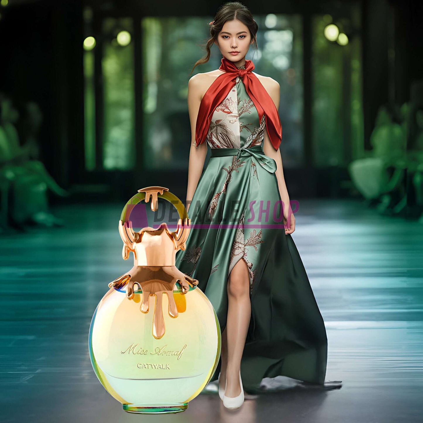 Miss Armaf Catwalk perfume on display with a model in a fashionable gown, capturing elegance and sophistication.