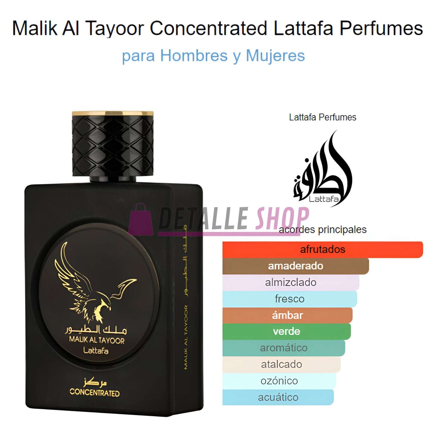 Malik Al Tayoor Concentrated Lattafa perfume bottle with fragrance notes chart, suitable for men and women.