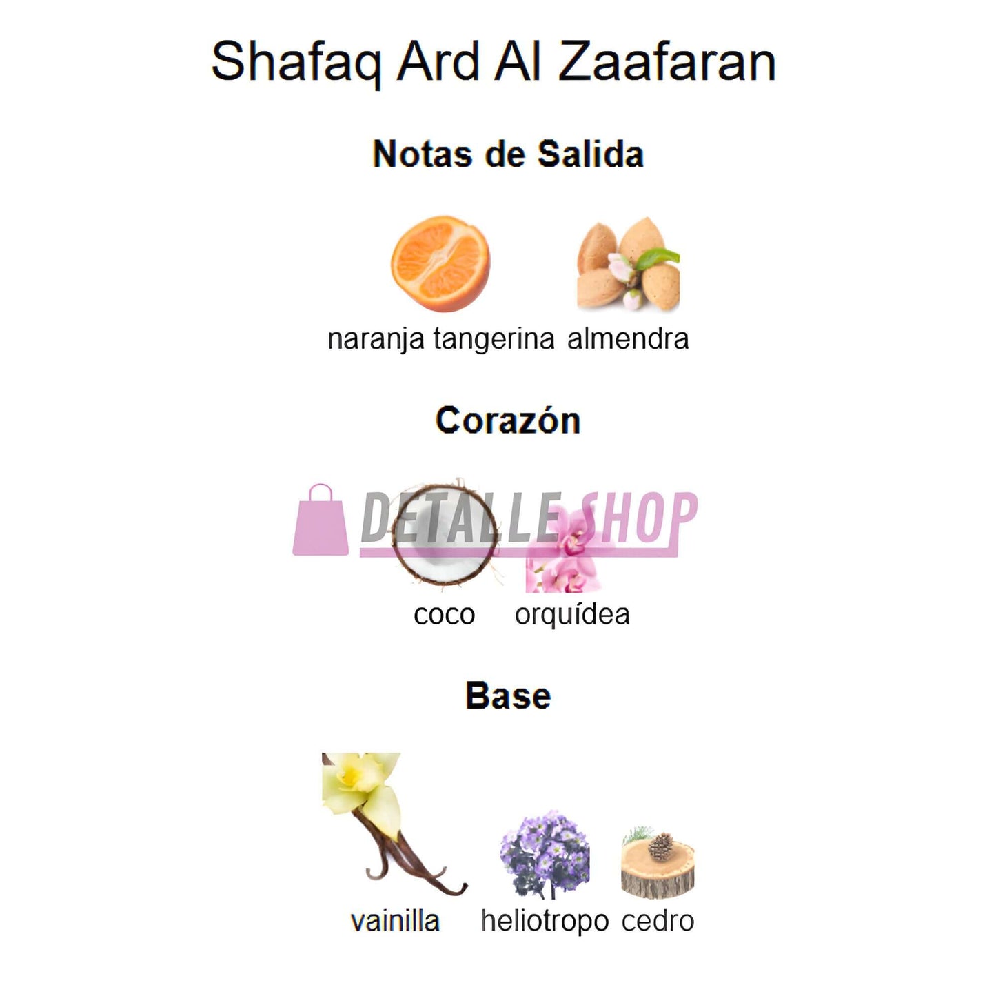 Shafaq Ard Al Zaafaran fragrance notes: tangerine, almond, coconut, orchid, vanilla, heliotrope, cedar.