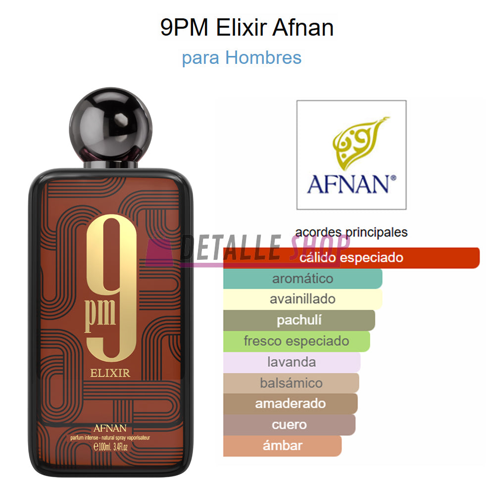 9 PM Elixir de Afnan, perfume árabe especiado para hombre con notas olfativas intensas. Opiniones de clientes en Valencia y Alicante