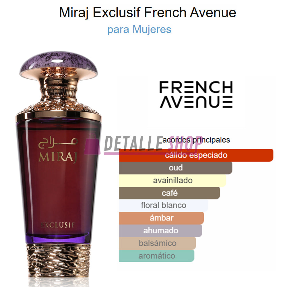 Comprar perfume árabe Miraj Exclusif, fragancia de mujer más vendida. Perfumería de mujeres con estilo, inspirada en Dubái.
