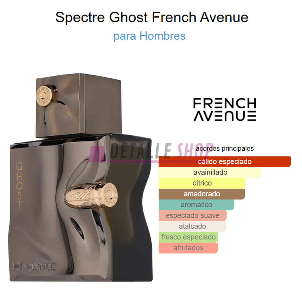 Frasco de perfume Spectre Ghost French Avenue para hombres, con notas de especias raras y elegancia.