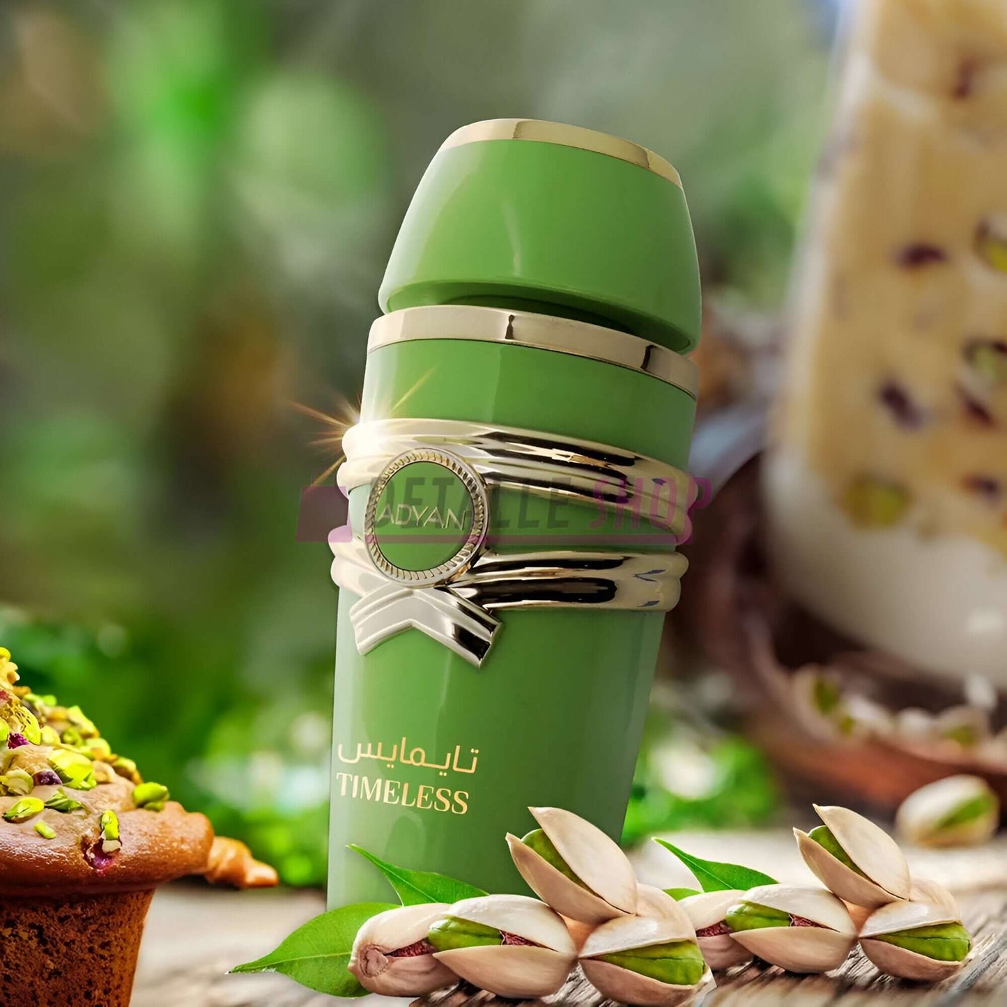 Timeless Pastels of Arabia by Adyan perfume bottle surrounded by pistachios and a vibrant green background.