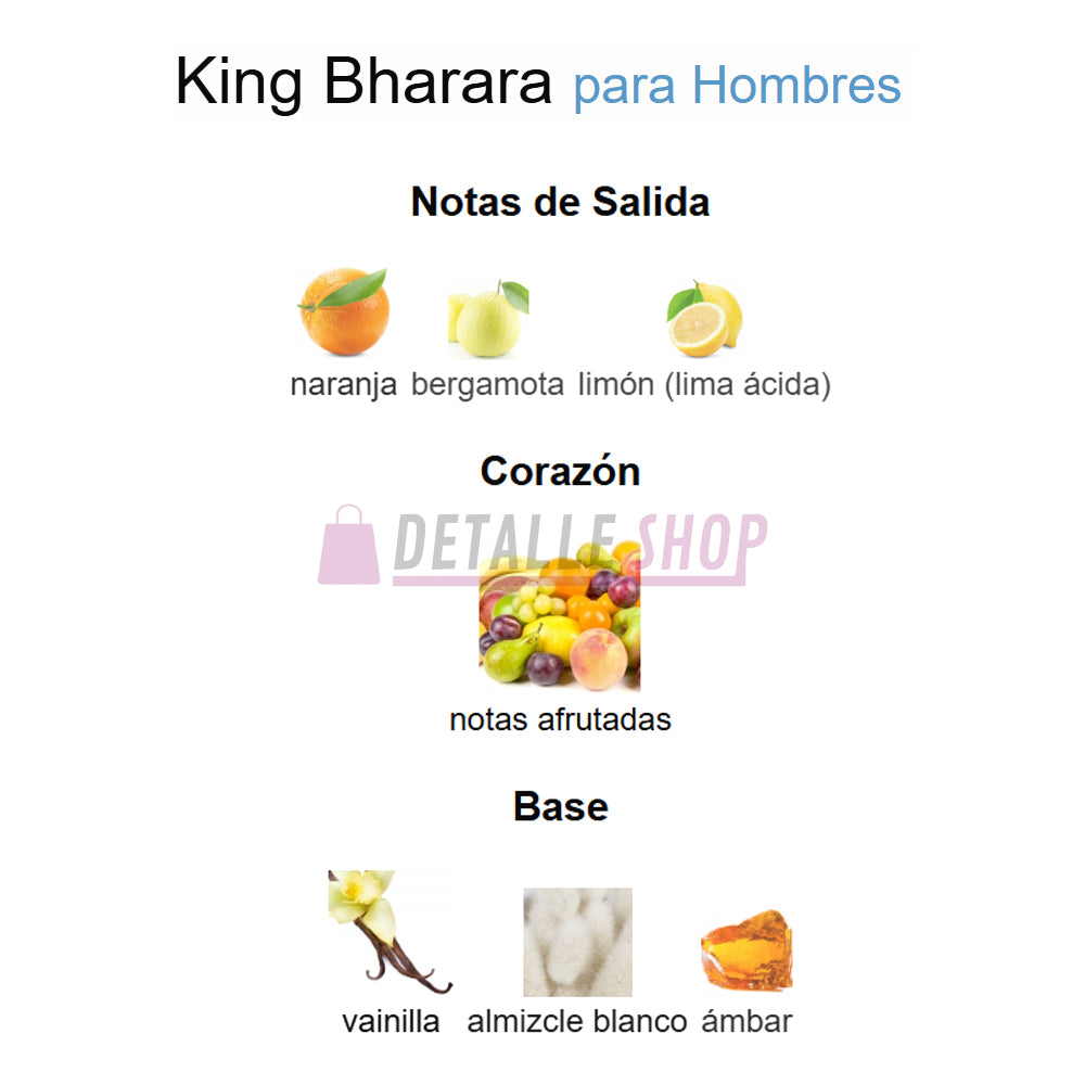 Fragancia King de Bharara con notas cítricas, frutas, ámbar y vainilla, perfume masculino duradero.