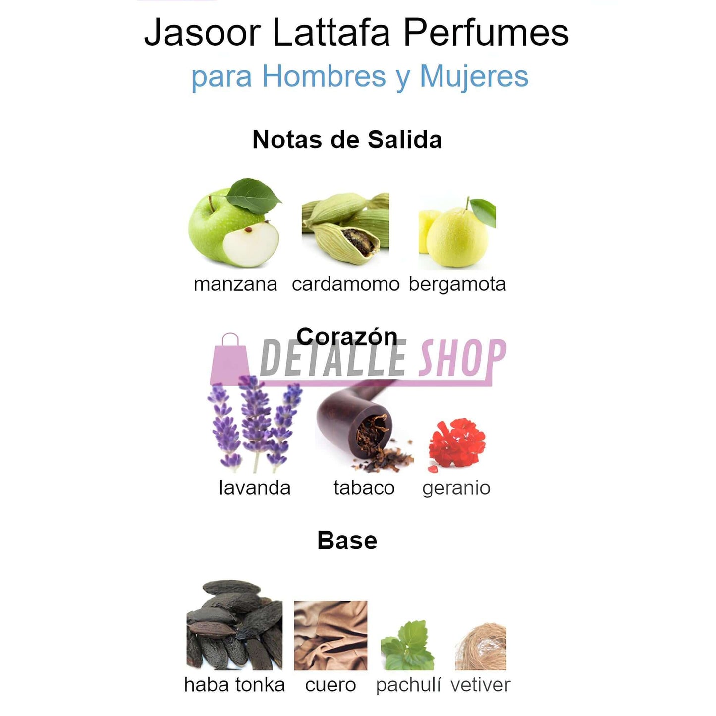 Notes de salida, corazón y base de Jasoor de Lattafa unisex - Ingredientes: manzana, cardamomo, bergamota, lavanda, tabaco, geranio, habas tonka, cuero, pachulí, vetiver.