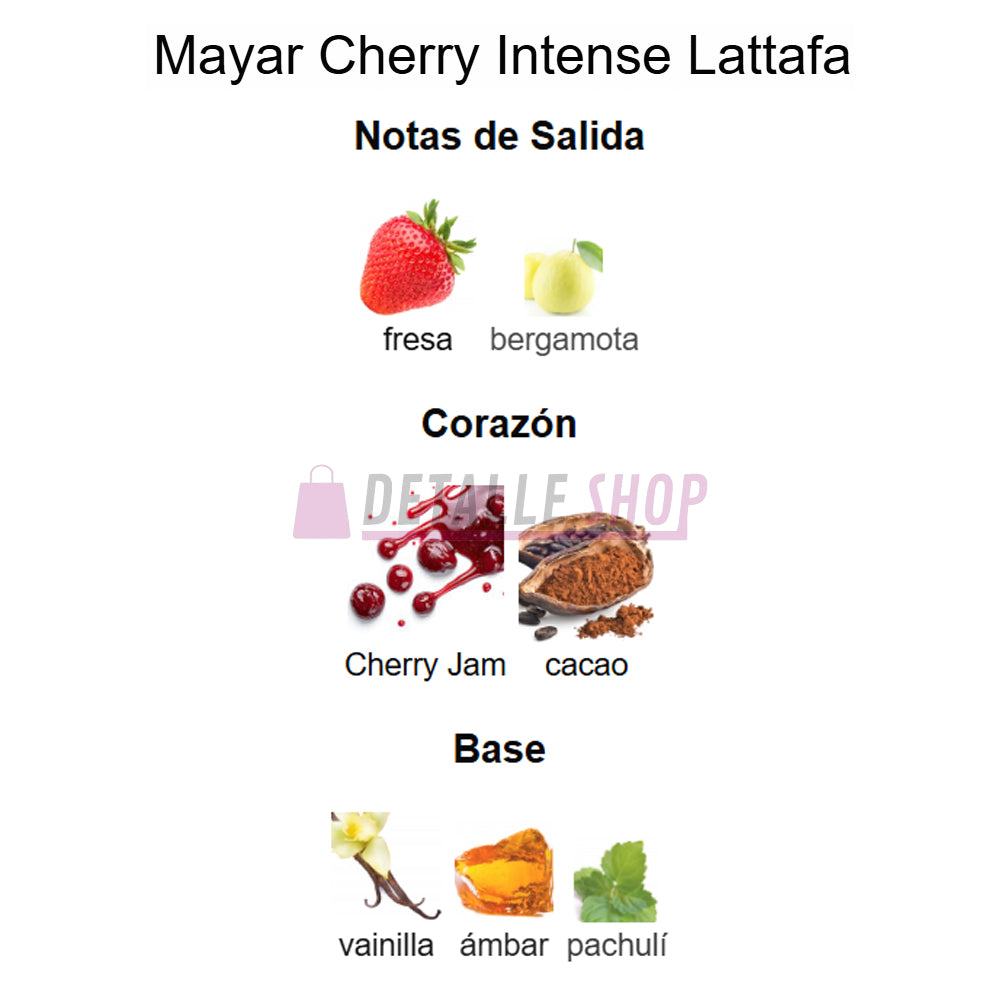 Botella de Mayar Cherry Intense Lattafa con notas de cereza, vainilla y ambar.