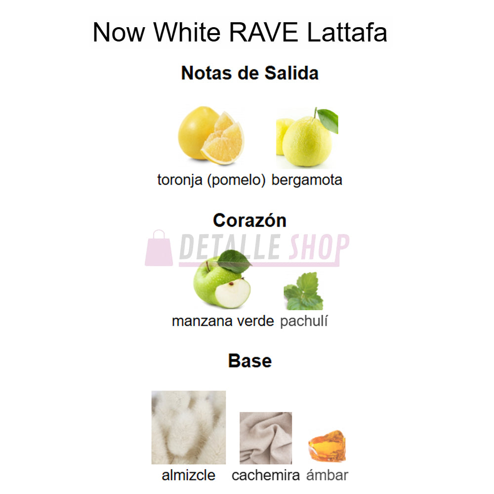 Notas olfativas ingredientes now rave de lattafa white