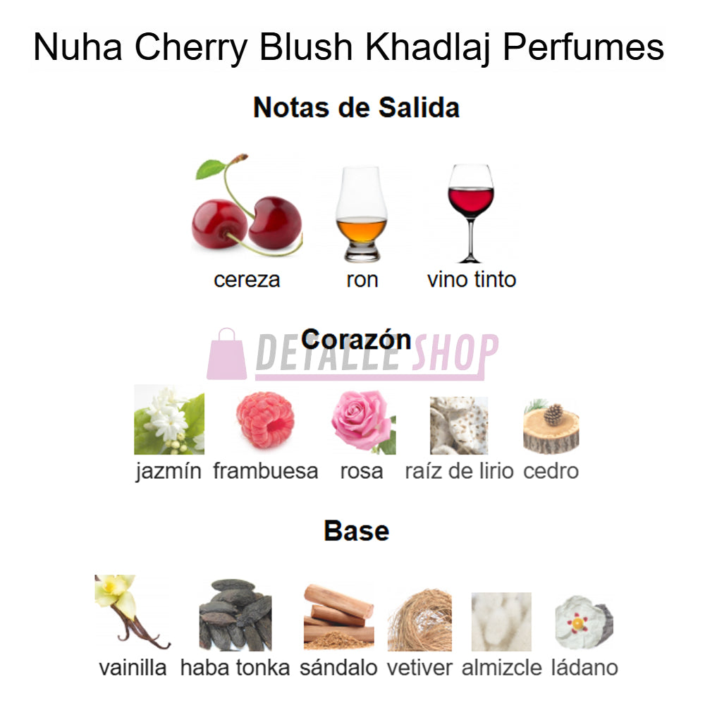 Detalle del frasco Nuha Cherry Blush perfume oriental floral para mujer