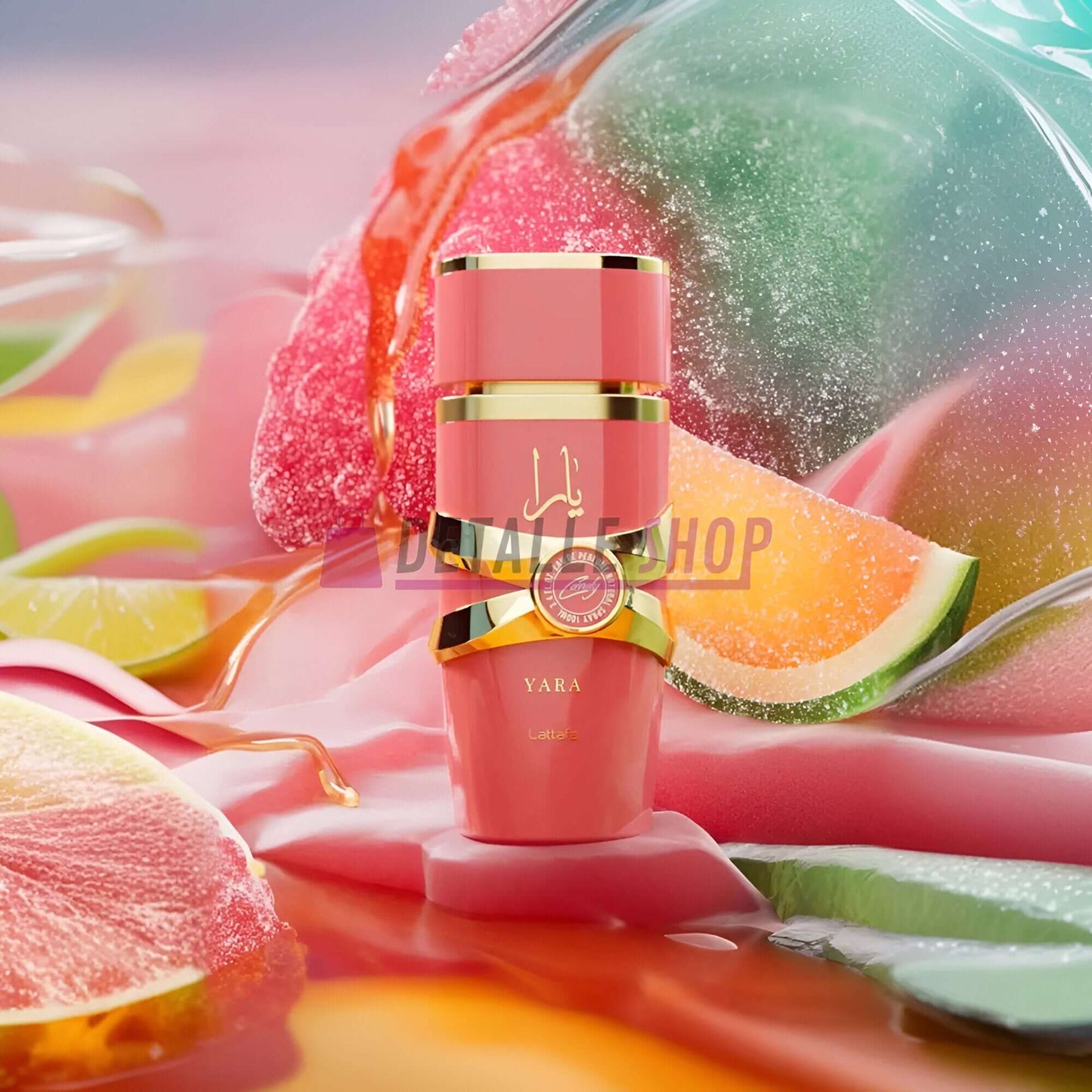 Yara Candy de Lattafa 100ml fragrance bottle surrounded by colorful fruits, evoking a playful and sweet aroma.