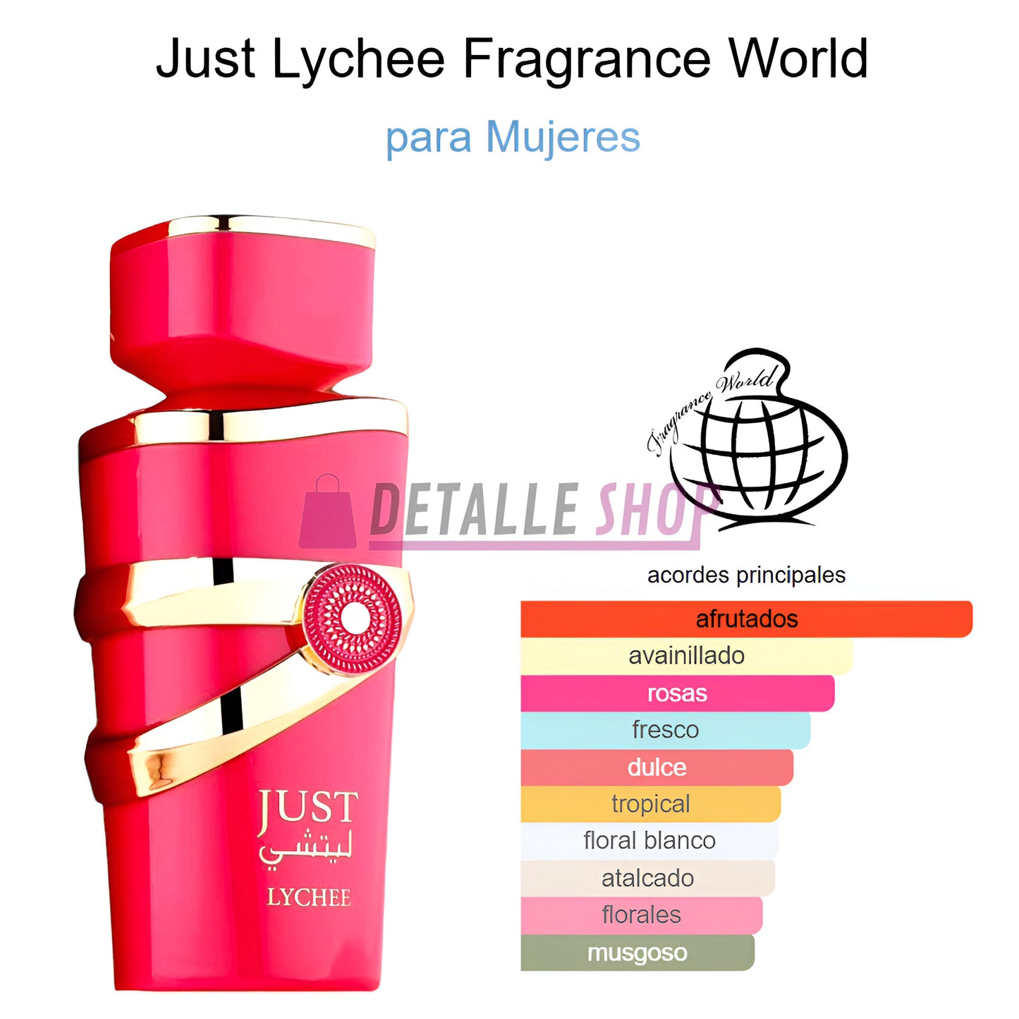 Just Lychee de Fragrance World en presentación original comprar en valencia madrid barcelona dubai malaga sevilla perfume femenino perfume verano afrutado