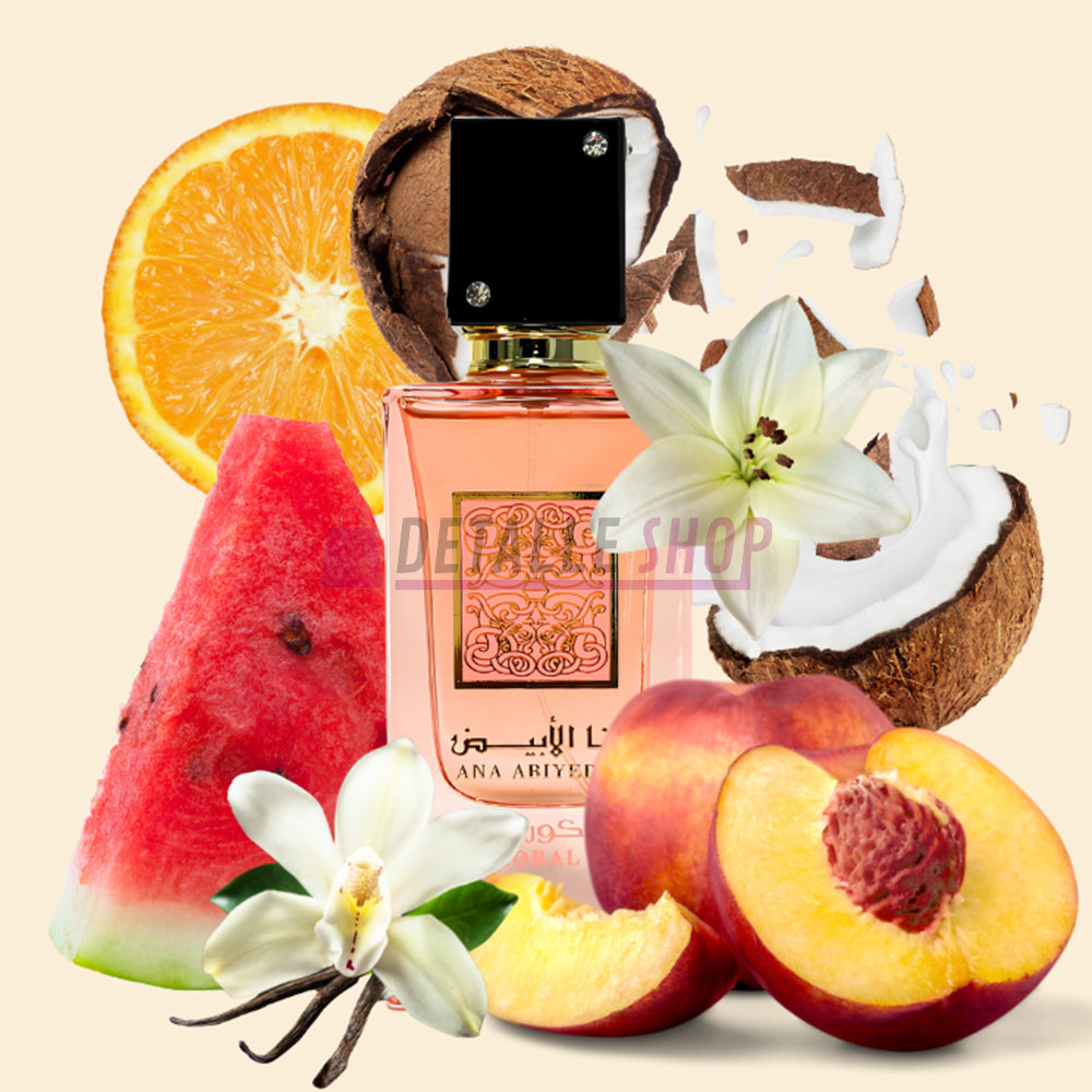 Ana Abiyedh Coral de Lattafa perfume árabe floral y frutal, con frutas y flores