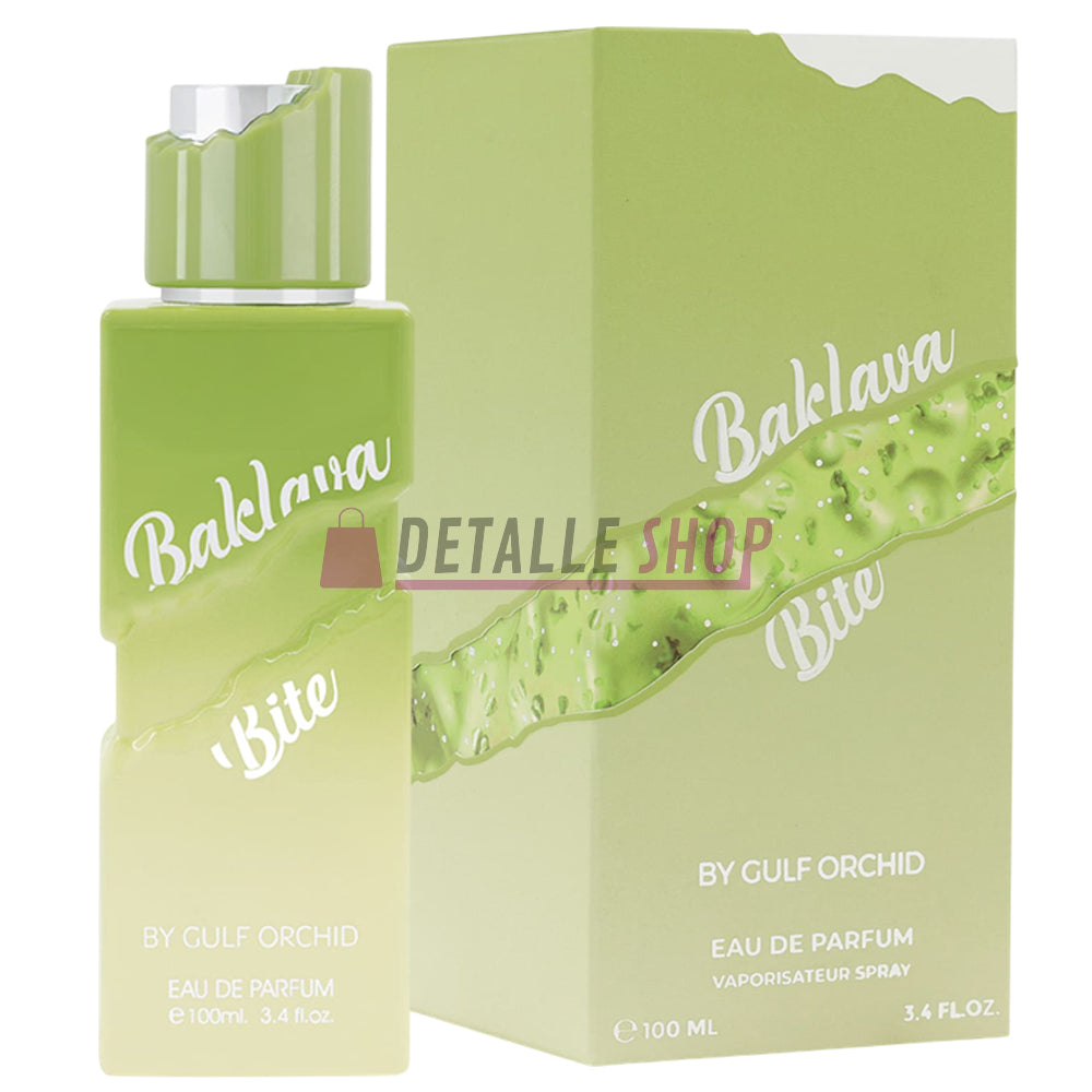 Perfume árabe Baklava Bite Gulf Orchid, femenino, dulce y gourmand con pistacho, miel, durazno y vainilla, bote verde. Comprar online en Lorca y Murcia mayoristas