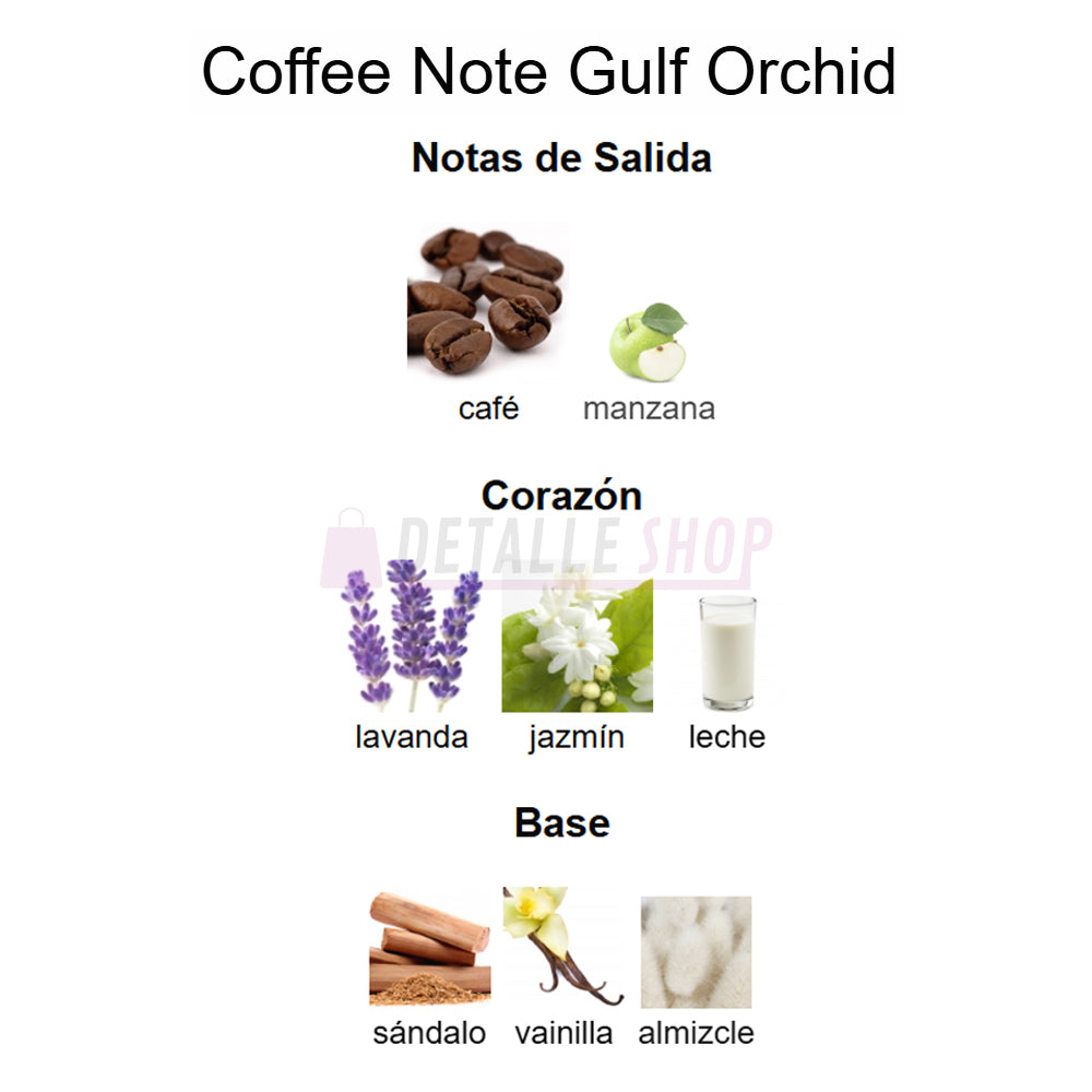 Fragancia amaderada Coffee Note de Gulf Orchid, perfume árabe con aroma de café, leche y notas especiadas.