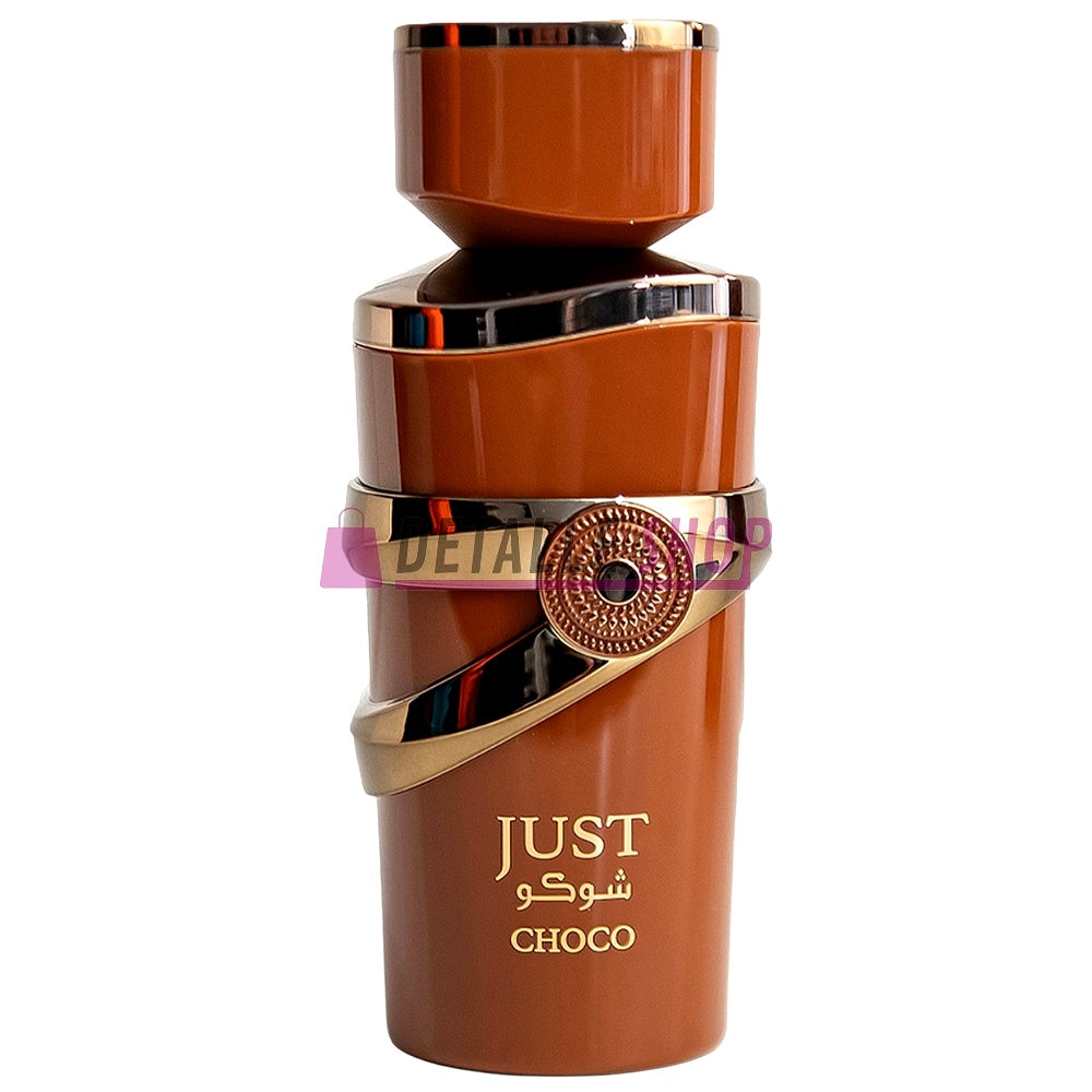 Botella del perfume árabe Just Choco de Fragrance World, diseño elegante en tono chocolate con detalles dorados. Aroma dulce de chocolate y vainilla lorca murcia alicante valencia madrid barcelona malaga sevilla granada