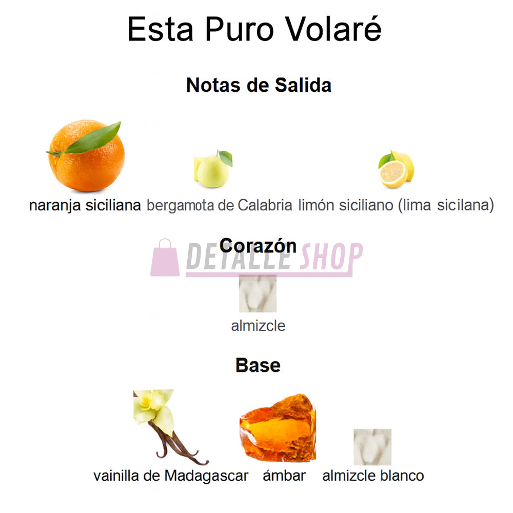 Frasco de Esta Puro Volaré, fragancia cítrica-afrutada con almizcle y vainilla