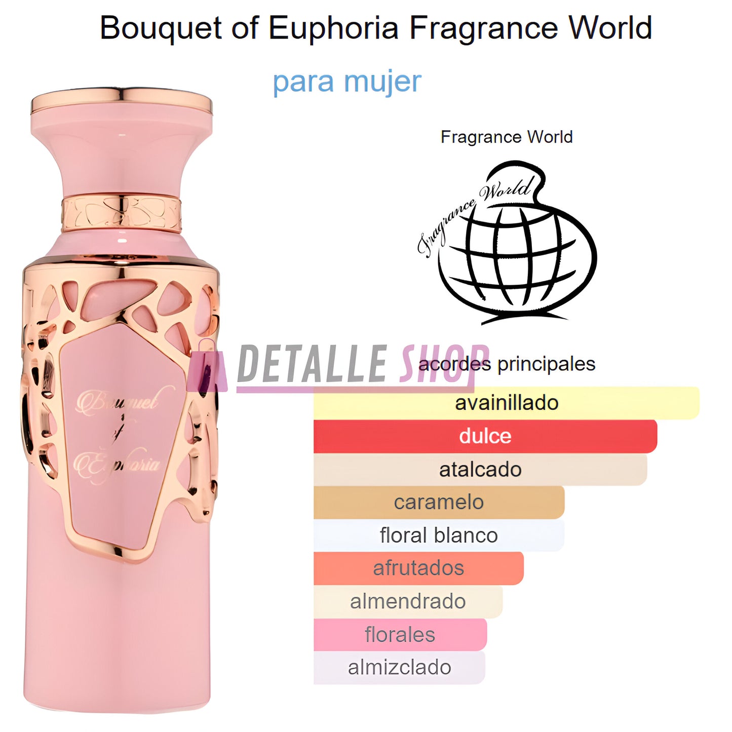 Detalle de la presentación del perfume Bouquet of Euphoria de Fragrance World perfume arabe comprar online lorca aguilas murcia