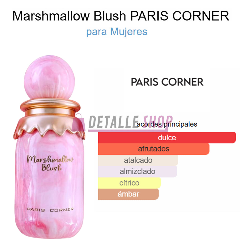 Perfume gourmand dulce árabe Marshmallow Blush con notas de fresa y nubes, importado de Dubai, disponible en Málaga y Sevilla. reseñas opiniones especias dubai dulce afrutado atalcado almizclado citrico ámbar bote perfume