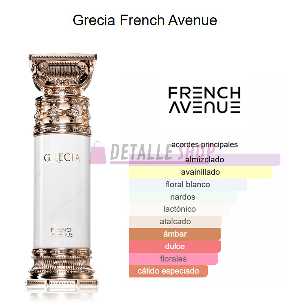 Comprar online perfume árabe masculino Grecia French Avenue, especiado y elegante de Dubái. Disponible en Barcelona, Málaga y Sevilla.