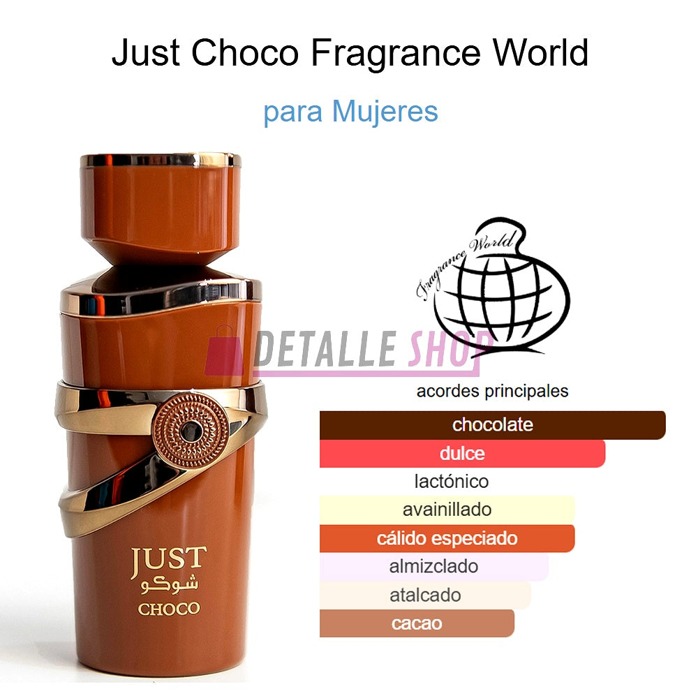 Perfume Just Choco de Fragrance World para mujer con acordes de chocolate, vainilla y dulzura. Aroma árabe cálido y envolvente, ideal para uso diario o especial comprar en lorca murcia valencia alicante crevillente dubai oriental madrid malaga barcelona
