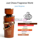 Perfume Just Choco de Fragrance World para mujer con acordes de chocolate, vainilla y dulzura. Aroma árabe cálido y envolvente, ideal para uso diario o especial comprar en lorca murcia valencia alicante crevillente dubai oriental madrid malaga barcelona