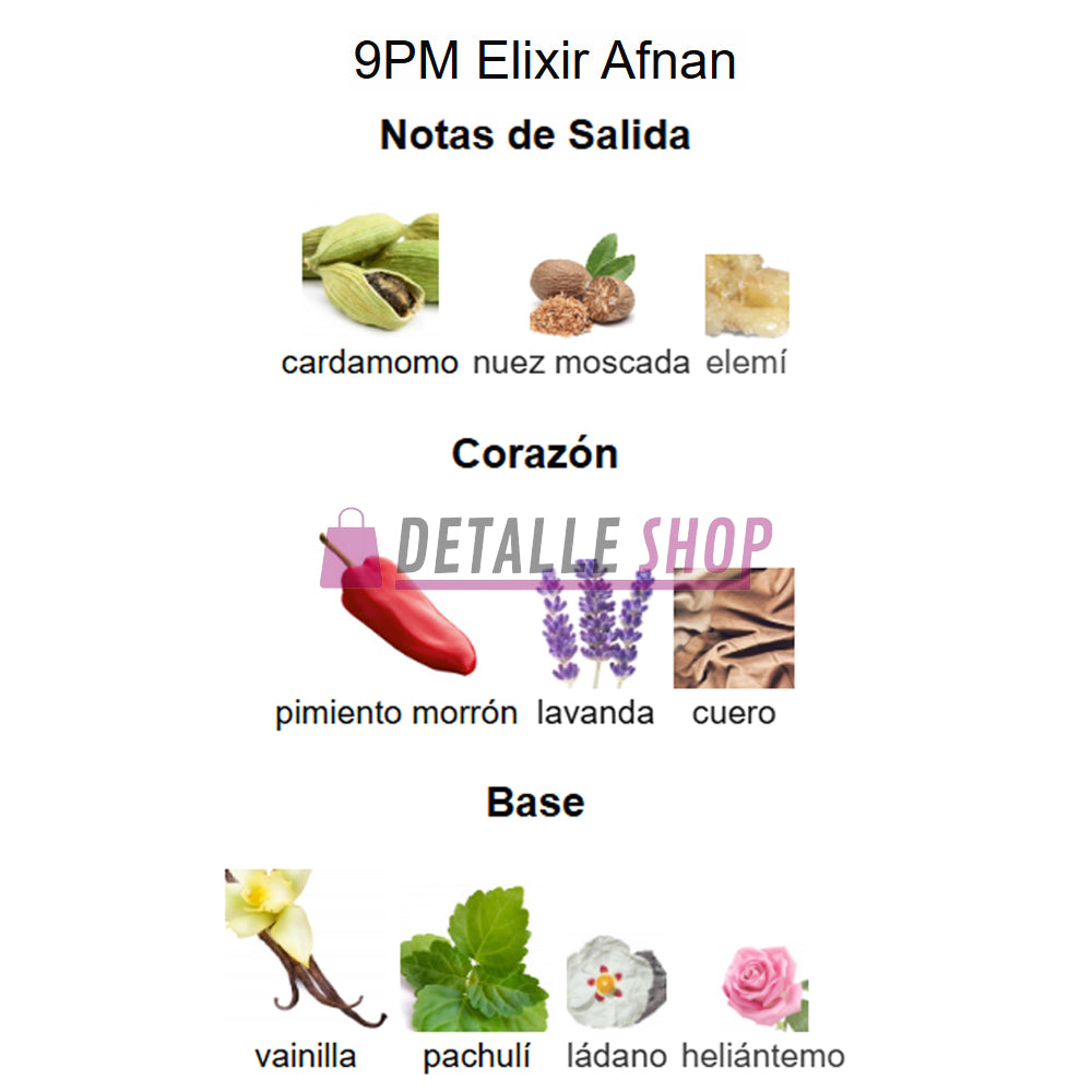 Comprar online 9 PM Elixir de Afnan, perfume árabe elegante y masculino de Dubái. Disponible en Murcia, Lorca y Crevillente notas reseñas opiniones reseñas