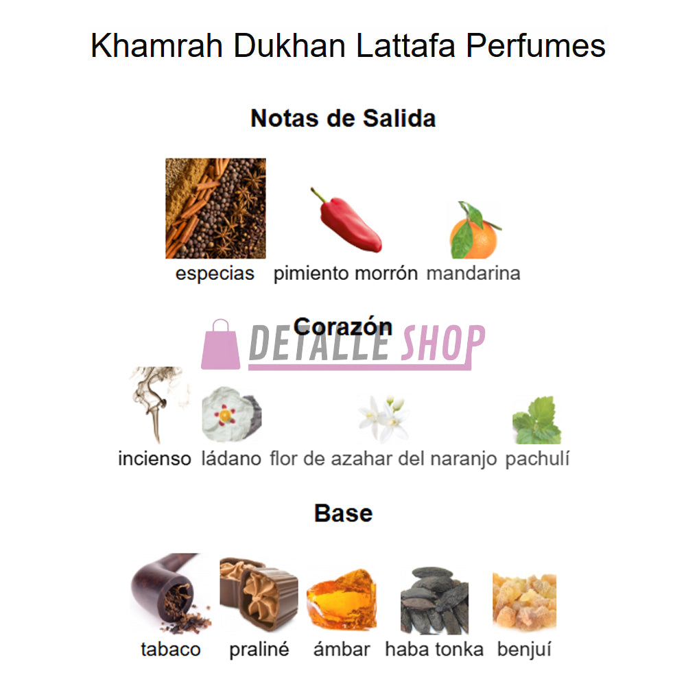 Perfume árabe Khamrah Dukhan para hombre, elegante y especiado con notas olfativas únicas. Comprar online en Murcia, Lorca, Alicante y Valencia