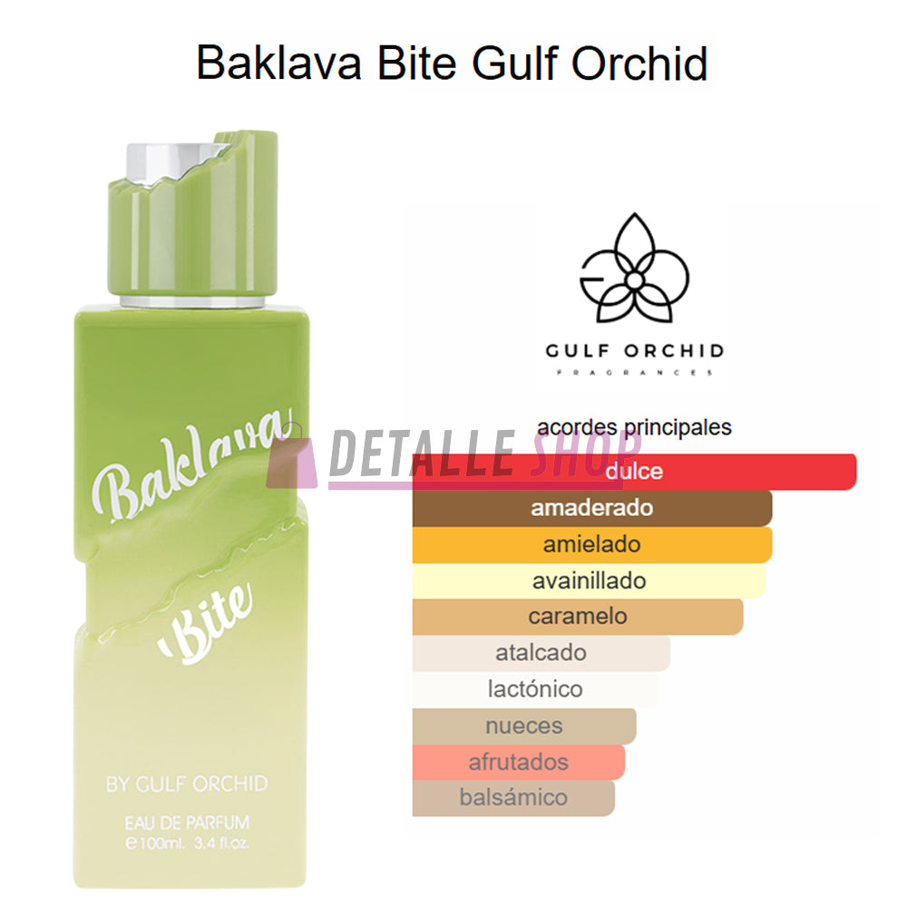 Perfume para mujeres Baklava Bite Gulf Orchid, dulce y gourmand con pistacho, miel y durazno, bote verde, envío express a Barcelona y Málaga.