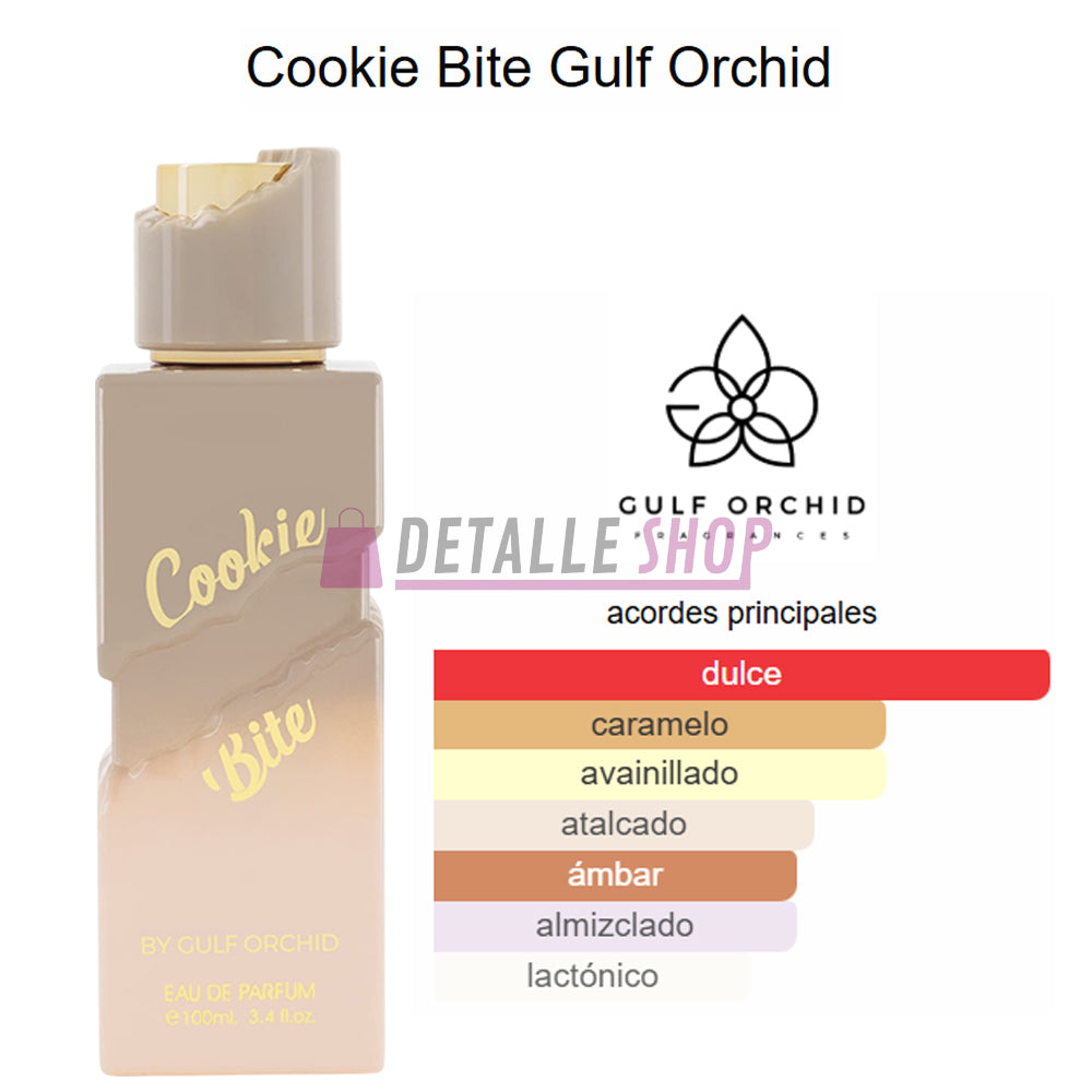 Perfume para mujeres Cookie Bite Gulf Orchid, dulce y gourmand con galleta, vainilla y caramelo, bote verde, envío express a Barcelona y Málaga.