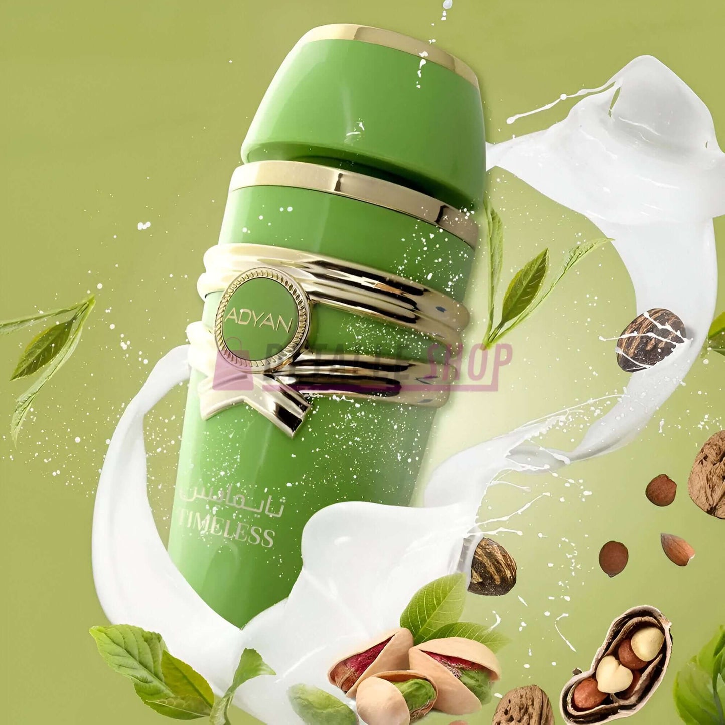Timeless Pastels of Arabia perfume by Adyan, featuring a green bottle surrounded by nuts and milk splash.