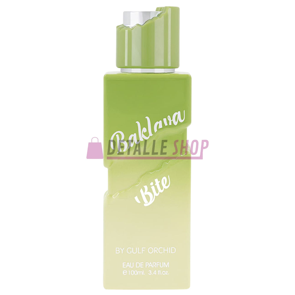 Perfumería árabe oriental Baklava Bite Gulf Orchid, elegante y femenino, notas gourmand de pistacho, miel, durazno y vainilla. Comprar barato en Madrid y Alicante.