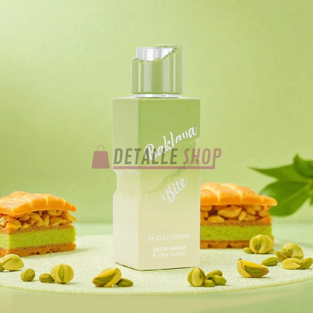 Perfumes originales Baklava Bite Gulf Orchid, árabe gourmand con pistacho, miel y durazno, femenino y elegante. Comprar online en perfumería árabe.