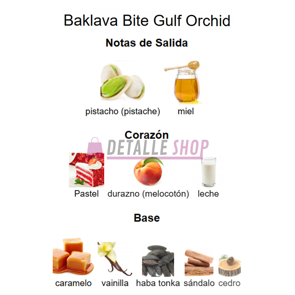 Reseñas y opiniones de clientes sobre Baklava Bite Gulf Orchid, perfume árabe femenino, dulce y gourmand, disponible para comprar en Sevilla notas perfume como huele