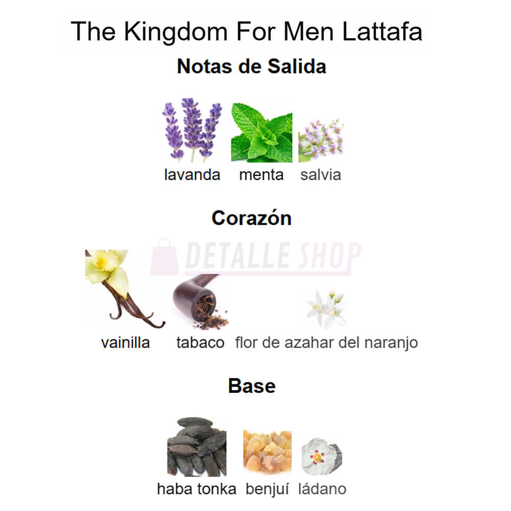 Fragancia oriental masculina THE KINGDOM de Lattafa, aroma intenso y sofisticado.