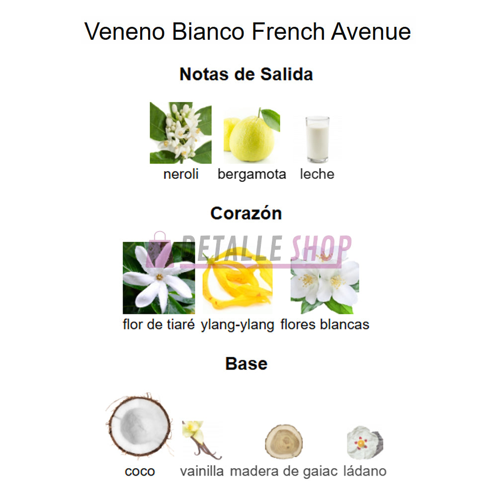 Fragancia gourmand Veneno Bianco French Avenue, perfume árabe de lujo comprar en valencia alicante madrid barcelona mas vendido mujer verano fresco citrico dulce