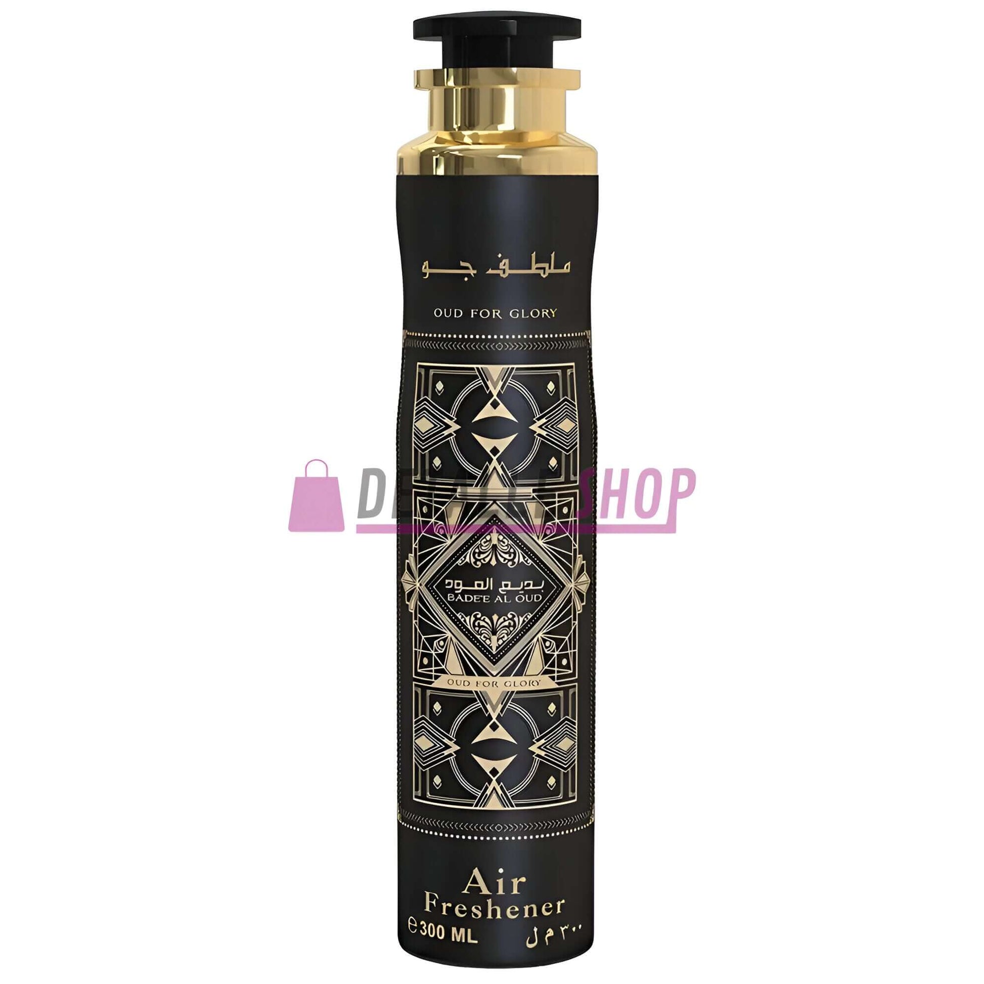 Badee Al Oud (Oud For Glory) air freshener by Lattafa, 300ml bottle design, oriental fragrance for luxury home ambiance.