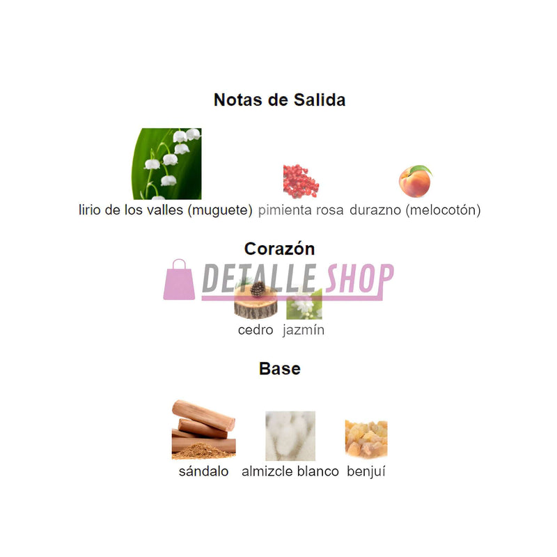 Notas de salida, corazón y base del perfume Diwani Beirut, incluyendo lirio de los valles, jazmín y sándalo.