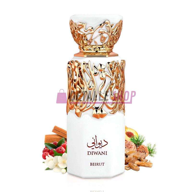 Diwani Beirut perfume bottle by French Avenue, showcasing elegant design with floral and spice elements. 100ml unisex fragrance.