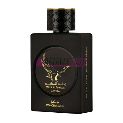 Malik Al Tayoor Concentrated perfume by Lattafa in an elegant black bottle, 100ml, showcasing Arabic fragrance sophistication.