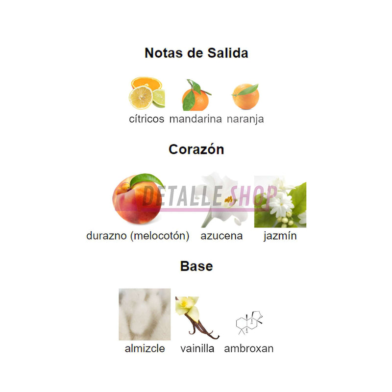 Notas del perfume Miss Armaf Catwalk: cítricos, durazno, jazmín, almizcle, vainilla y ambroxan.