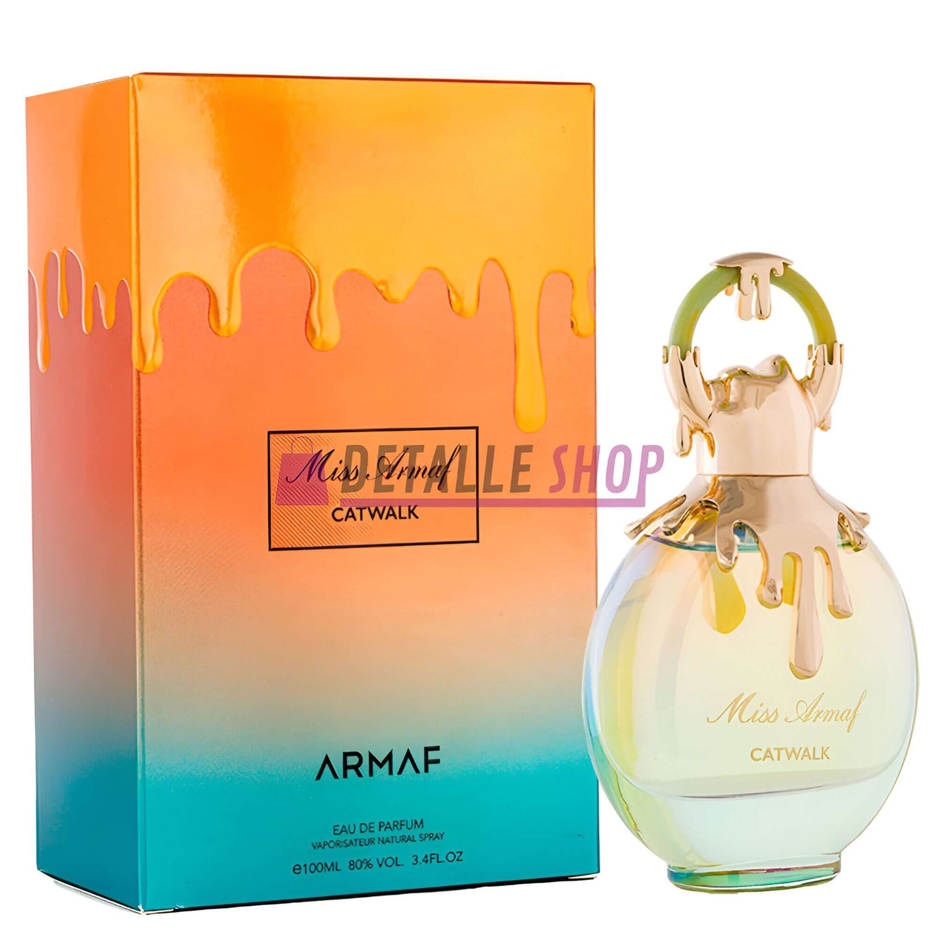 Miss Armaf Catwalk perfume bottle and packaging in vibrant colors, showcasing luxury and sophistication.