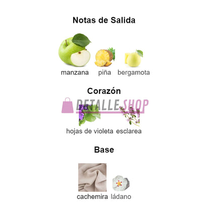 Notas de salida y corazón de la fragancia Malik Al Tayoor: manzana, piña, bergamota, y hojas de violeta.