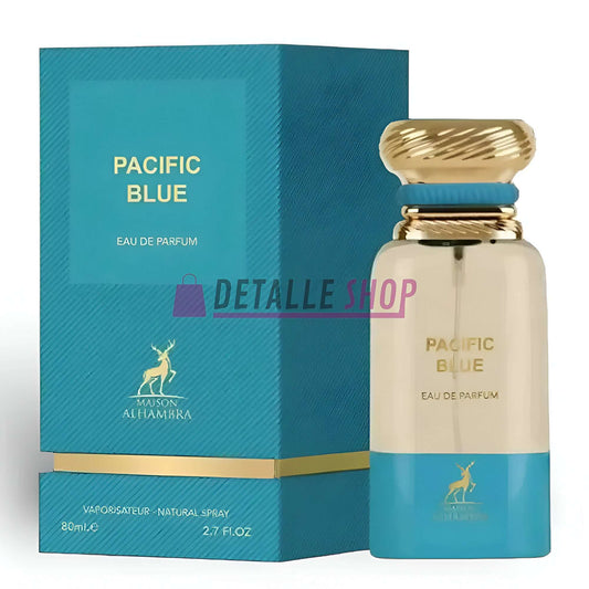 Pacific Blue de Maison Alhambra 80ml perfume bottle and packaging, a fresh citrus fragrance for all occasions.