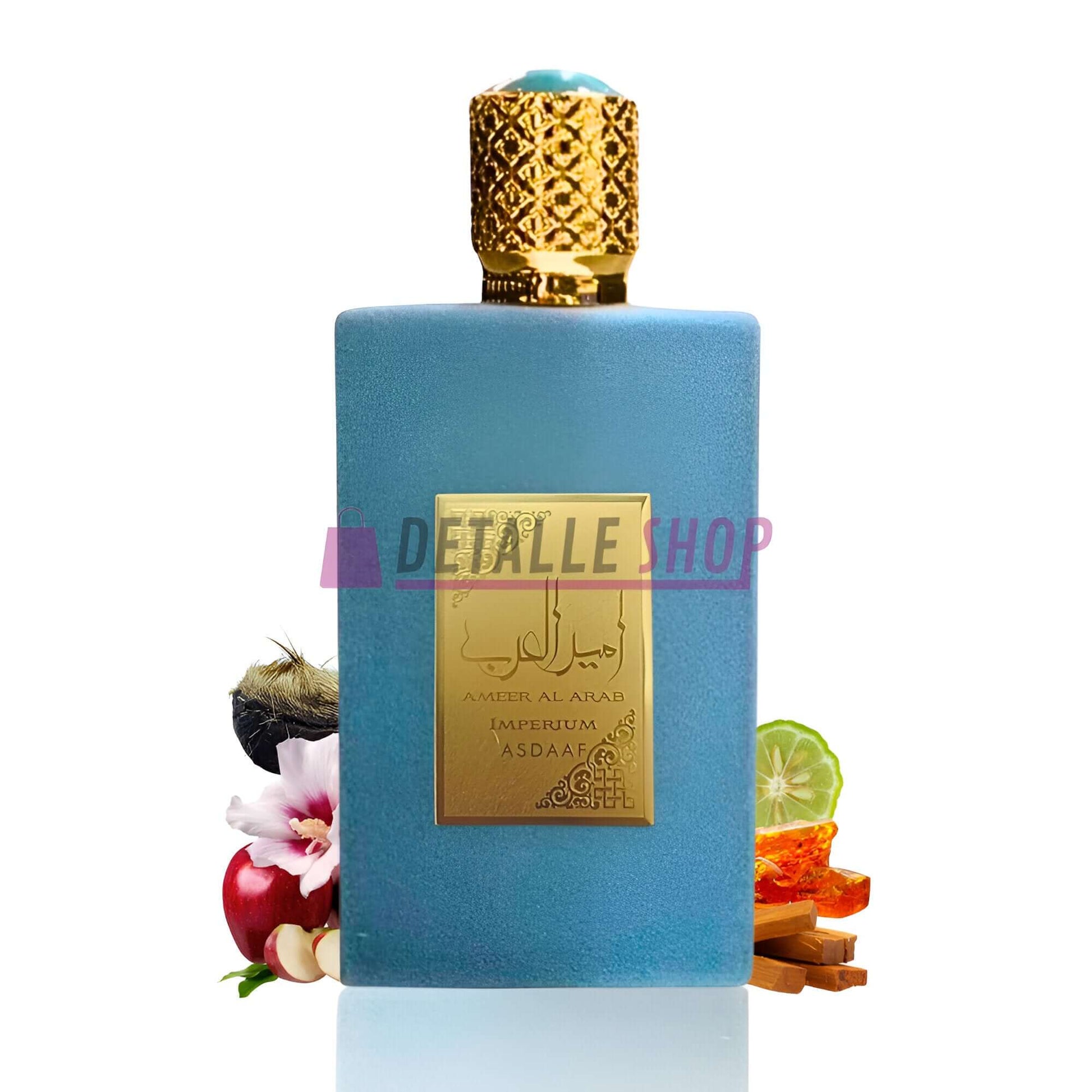 Ameer Al Arab Imperium de Asdaaf 100ml perfume bottle for men with fragrance elements including apple, blackcurrant, lemon, and jasmine.