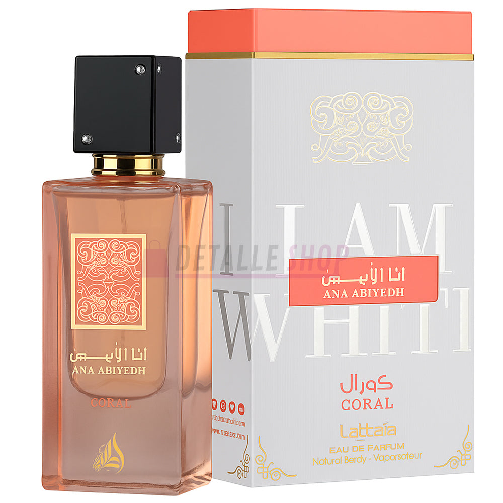 Ana Abiyedh Coral de Lattafa perfume árabe para mujer, caja y frasco