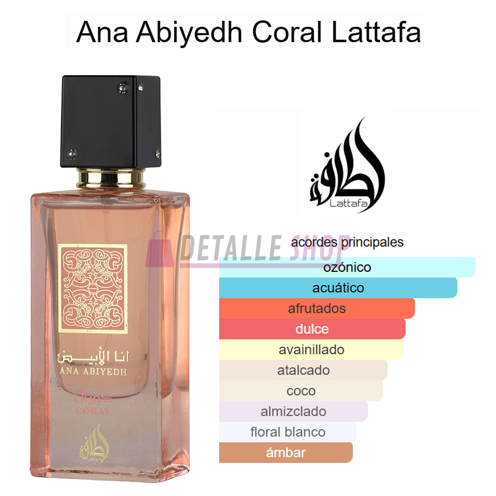 Ana Abiyedh Coral de Lattafa perfume árabe para mujer, descripción de aroma