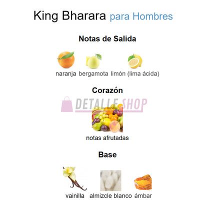 Fragancia King de Bharara con notas cítricas, frutas, ámbar y vainilla, perfume masculino duradero.