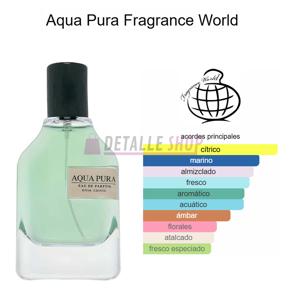 Packaging elegante del perfume unisex Aqua Pura de Fragrance World, aroma fresco y duradero.