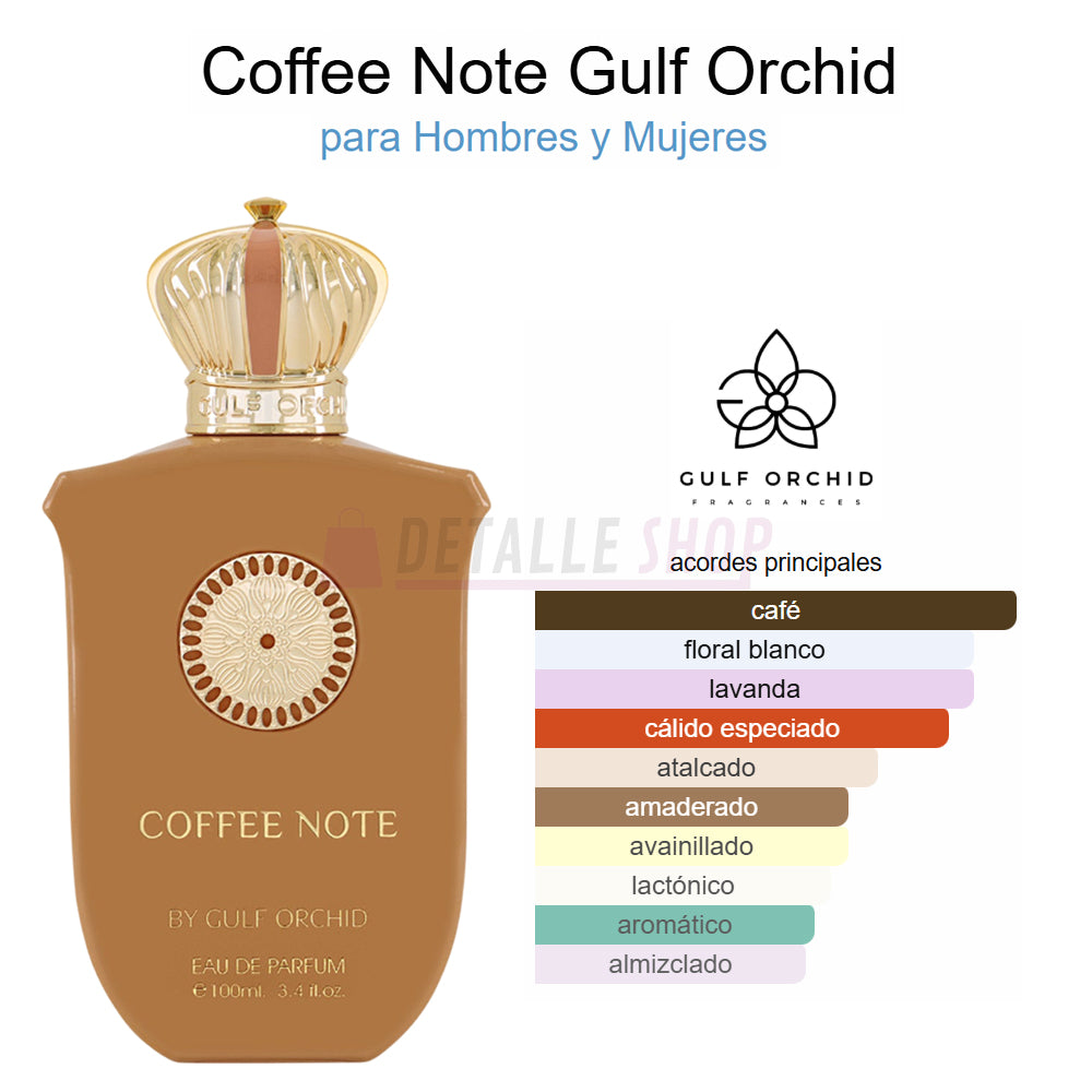Perfume árabe Coffee Note de Gulf Orchid, esencia unisex elegante y sofisticada con toque de café y almizcle.